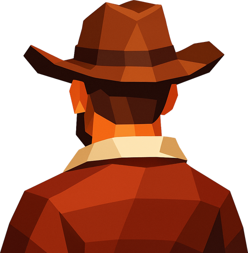 lowpoly cowboy head from behind player hero good side.
In-Game asset.  2d.  High contrast.  No shadows