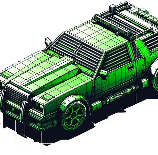 green thug car. orthographic top view.
Single Game Texture.  In-Game asset.  2d.  Blank background.  High contrast.  No shadows