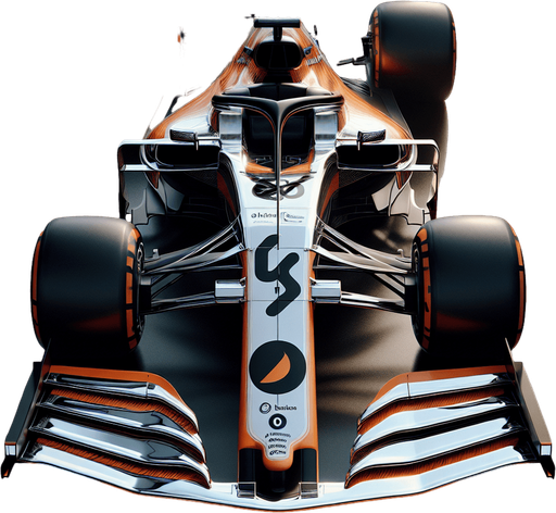 Photorealistic F1 McLaren race car, Top view. 
Orange coloured body and black thick stripe with white Chrome text where the o letter is Google chrome logo. 
Skyblue lines on nose sides. 
Silver 4 number on nose. 
Black OKX text on rear wing.