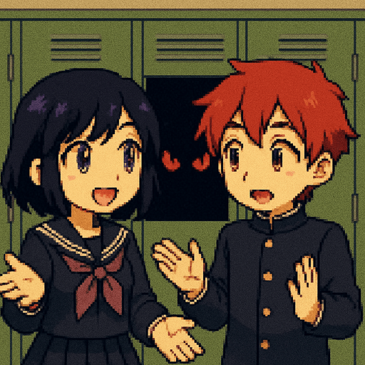 Pixel art illustration. A 15-year-old anime-style boy and girl in Japanese school uniforms are talking while gesturing with their hands. Very close to them is a row of lockers. In the one at the center, a pair of glowing red eyes peer through the slats. They belong to a yandere—obsessed, crazy, and jealous—whose face and body remain hidden in the darkness inside the locker.