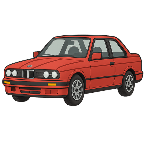 kırmızı bmw e30 araba. No background. Transparent background. Blank background. No shadows. 2d. In-Game asset. flat