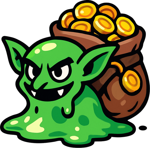 a goblin slime which have backpack fully coins.
In-Game asset.  2d.  High contrast.  No shadows
