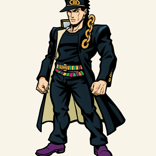 Jotaro con  cuerpo y que se vea su cabeza jojo's.
In-Game asset.  2d.  High contrast.  No shadows