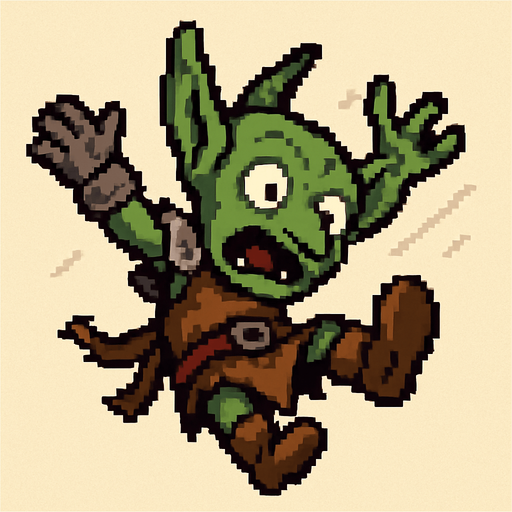 “Pixel art of a goblin falling through the air, viewed from top-down or slightly tilted angle. Arms and legs flailing, expression of surprise or fear, small fantasy armor pieces or tattered clothing. Wind or motion lines optional. Designed as a 2D game sprite, with exaggerated pose for clarity.”.
In-Game asset.  2d.  High contrast.  No shadows