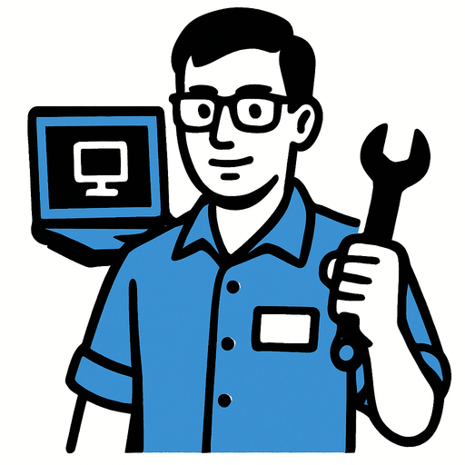 Mavi gömlekli bilgisayar teknikeri personeli.
In-Game asset.  2d.  High contrast.  No shadows
