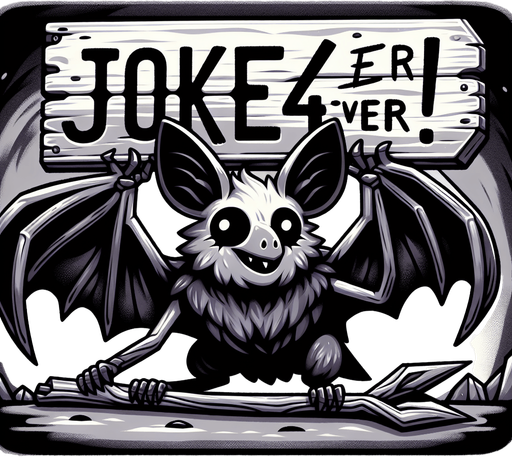 A bat holding a sign that says Jokes 4 Ever!.
Single Game Texture.  In-Game asset.  2d.  Blank background.  High contrast.  No shadows