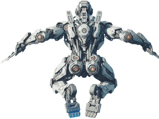 super robot facing upward and his back on screen flying.
Single Game Texture. In-Game asset. 2d. Blank background. High contrast. No shadows.