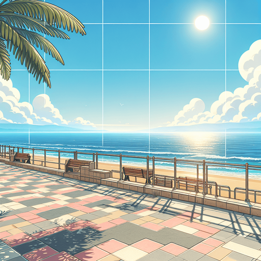 A beautiful scenery looking out to sea from an empty beach side promenade on a bright summer day. Happy game illustration style for a casual family friendly game..
Single Game Texture. In-Game asset. 2d. Blank background. High contrast. No shadows.