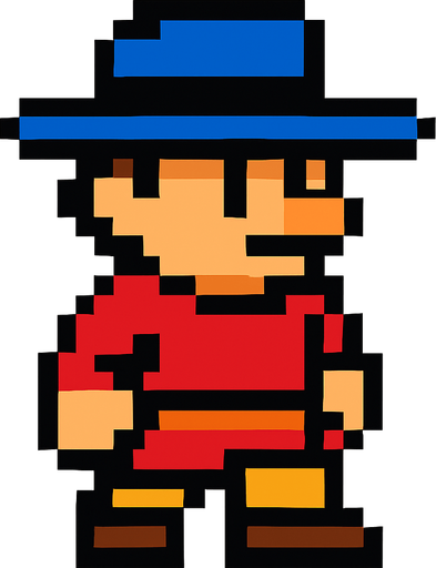 character with a hat, 2d, pixel,.
2d.  High contrast.  No shadows