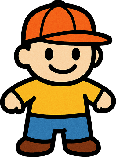 un muñeco con gorra y pantalones.
In-Game asset.  2d.  High contrast.  No shadows