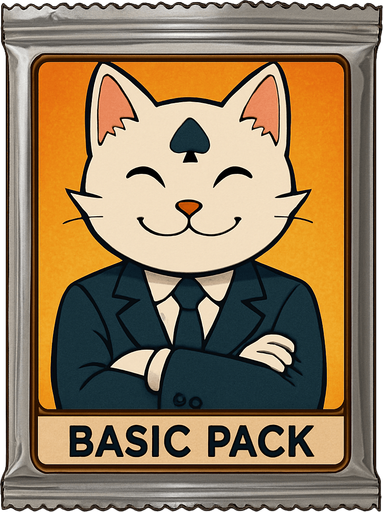 The white cat from this picture looking straight forwards and smiling, with his arms crossed on the front of a booster pack of collectible cards in plastic and seen from the front. The words “Basic Pack” on the pack underneath the picture.