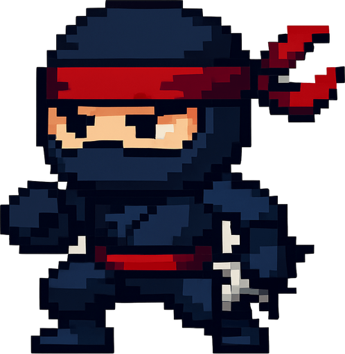 El ninja debe ser un personaje compacto y ágil en estilo pixel art, con un traje negro o azul oscuro que cubra todo su cuerpo excepto los ojos, los cuales deben ser expresivos y ligeramente entrecerrados para mostrar concentración o determinación; puede tener una banda o pañuelo rojo atado en la frente que se extienda hacia atrás con movimiento, y detalles mínimos como cinturón, guantes o pequeñas armas visibles como una estrella ninja al costado; el diseño debe ser simple pero dinámico, con animación sutil de respiración o movimiento de tela, y fondo transparente, ideal para integrarse en un juego de acción o reflejos con estética caricaturesca o retro..
In-Game asset.  2d.  High contrast.  No shadows