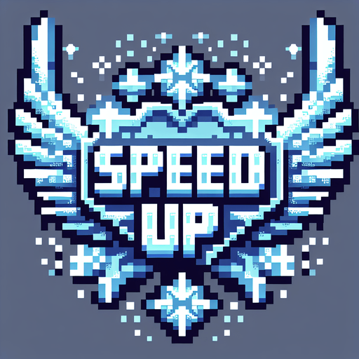 frosty text saying (SPEED UP).wings on the edges. pixelated. 8 bit. Single Game Texture. In-Game asset. 2d. Blank background. High contrast. No shadows.