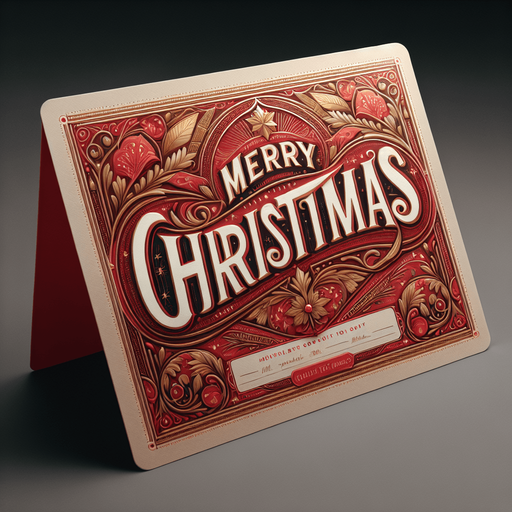 photorealistic red and gold standing and opened postcard with Merry Christmas text