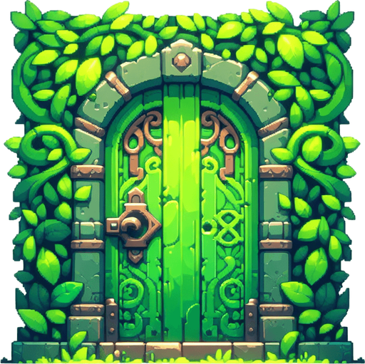 a green door.
Single Game Texture. In-Game asset. 2d. Blank background. High contrast. No shadows.