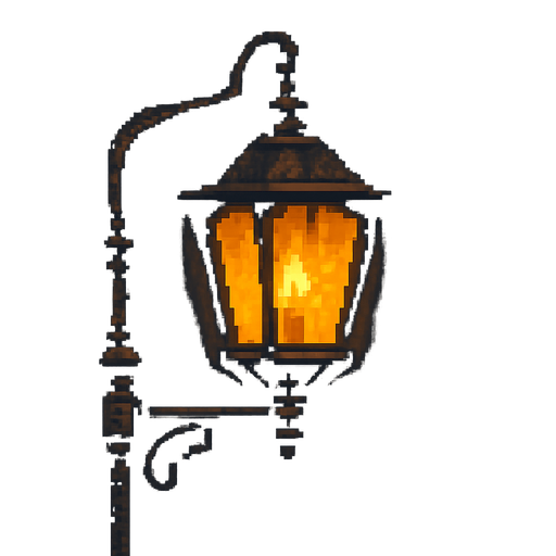 a lit street lamp in the night, candle kind of light inside, nostalgic, retro pixel style..
In-Game asset.  2d.  High contrast.  No shadows
