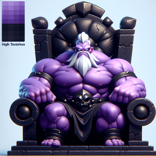 Giant muscular evil wizard with purple skin and a menacing scowl sitting in a black throne..
Single Game Texture. In-Game asset. 2d. Blank background. High contrast. No shadows.