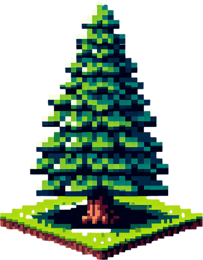 8-bit pine tree.
Single Game Texture. In-Game asset. 2d. Blank background. High contrast. No shadows.