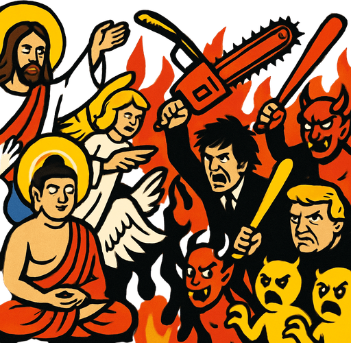 cristo, buddha y angeles vs milei con motosierra, trump con bate de basebol, devil, demons y yellow demons.
In-Game asset.  2d.  High contrast.  No shadows
