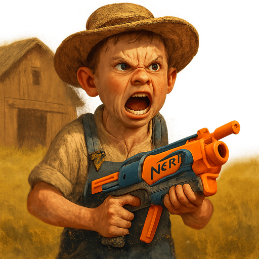 Make a farm boy with a nerf gun also make him very angry