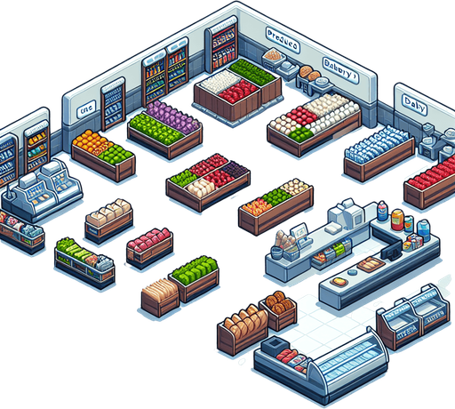 a grocery store.
Single Game Texture.  In-Game asset.  2d.  Blank background.  High contrast.  No shadows