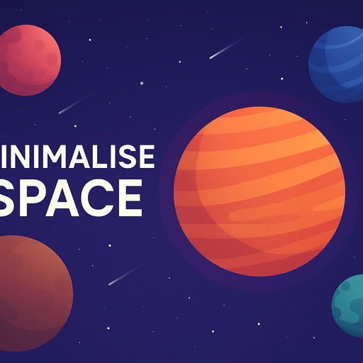 Fullscreen modern App Store landscape banner, 16:9, high definition, for a game titled "Minimalise Space'' and Planets wiews.