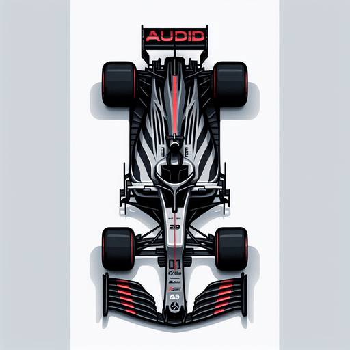 F1 race car. Top view. Grey body with THICK diagonal black stripes. Shiny-red wings with white AUDID text.
Single Game Texture. In-Game asset. 2d. Blank background. High contrast. No shadows.