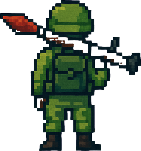 Militar de espalda, derecho , rpg, pixelart.
In-Game asset.  2d.  High contrast.  No shadows