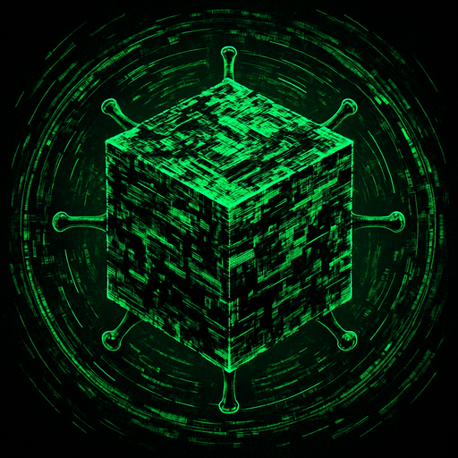 massive cube-shaped virus, distorted glitch surfaces, holographic data streams, topdown view, green and black colors, digital corruption texture, symmetrical, circular.
In-Game asset.  2d.  High contrast.  No shadows