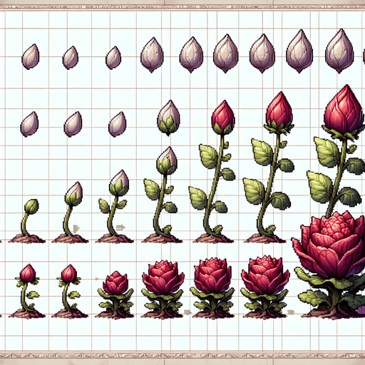 A spritesheet showing a pointed red cabbage plant in various stages of germantion and groth, from seed over sapling, to bloom and to full grown plant, and then the ripe cabbage. The sprites should be laid out in a rectangular grid with blank space between them.. Single Game Texture. In-Game asset. 2d. Blank background. High contrast. No shadows..
Single Game Texture. In-Game asset. 2d. Blank background. High contrast. No shadows.