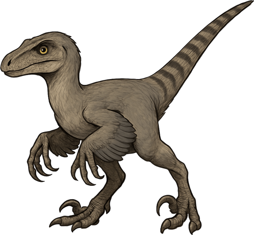 A small and agile Velociraptor dinosaur covered in smooth, sleek feathers in muted tones of gray and tan, with darker stripes along its back. The arms have wing-like feathers, and the long tail is fully feathered for balance. Its narrow head features a slightly curved snout, sharp teeth, and intelligent, bright eyes. The feet have curved sickle-shaped claws, emphasizing its speed and deadly precision. Real style.
In-Game asset.  2d.  High contrast.  No shadows
