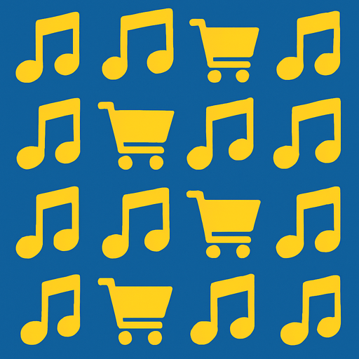 Mavi arka plan üzerinde sarı müzik notası simgeleri ve market arabası simgeleri olsun.
In-Game asset.  2d.  High contrast.  No shadows