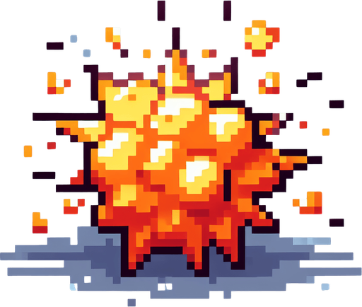 a cartoon explosion. pixel art style..
Single Game Texture. In-Game asset. 2d. Blank background. High contrast. No shadows.
