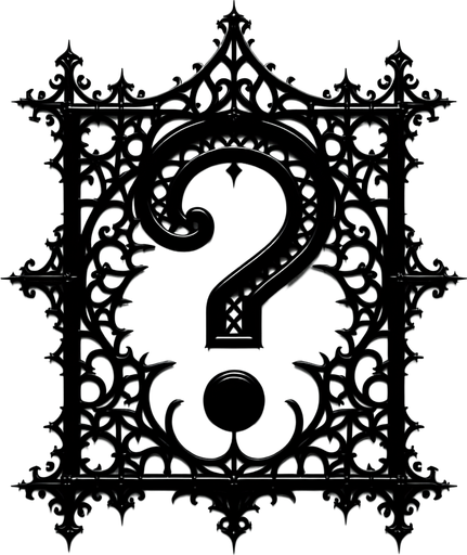 black gothic frame with a question mark inside silhouette.
Single Game Texture. In-Game asset. 2d. Blank background. High contrast. No shadows.