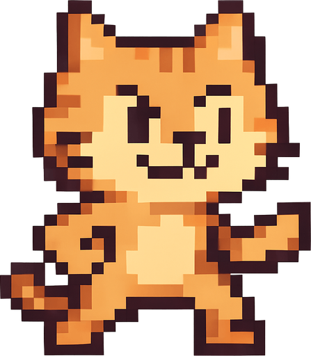 Crea un personaje que sea un gato simpático, estilo pixel art.
Debe estar de pie y verse como si pudiera esquivar cosas.
Que tenga una expresión divertida o decidida.
El fondo debe ser transparente.