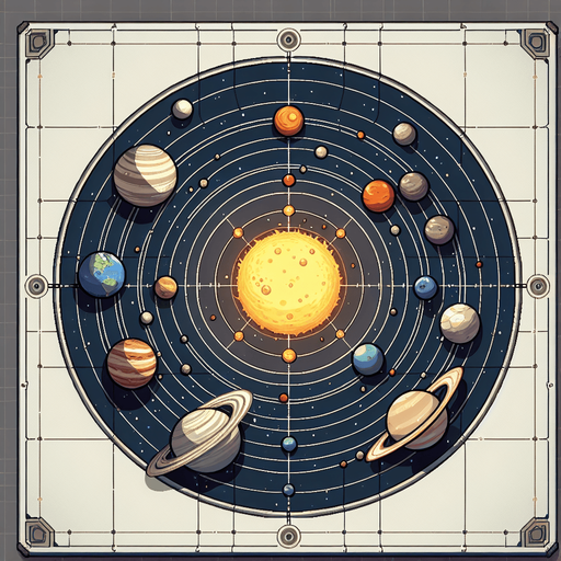 Le système solaire..
Single Game Texture. In-Game asset. 2d. Blank background. High contrast. No shadows.