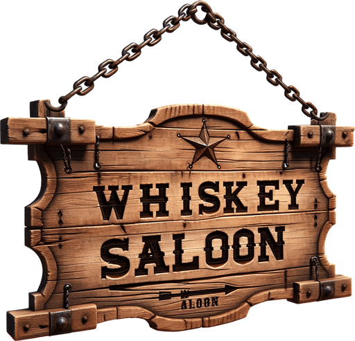 front facing western shooting gallery wooden sign hanging from chains that is written "Whiskey Saloon".
Single Game Texture. In-Game asset. 2d. Blank background. High contrast. No shadows.