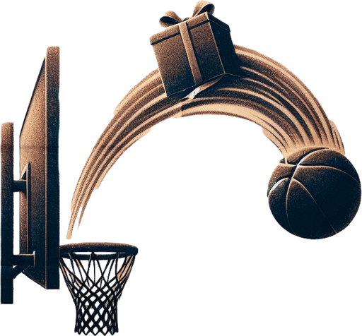 a pergament with a present throwed by someone into a basket at top, at the bottom there is the text: "There are many ways of how can throw a present. Let it just fall or throw it like a basketball."