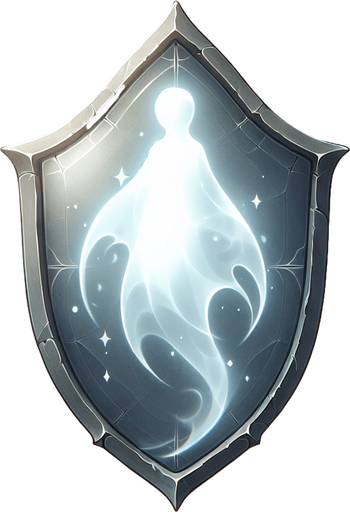 a translucent, ghostly shield or a faint outline of a guardian spirit figure..
Single Game Texture.  In-Game asset.  2d.  Blank background.  High contrast.  No shadows