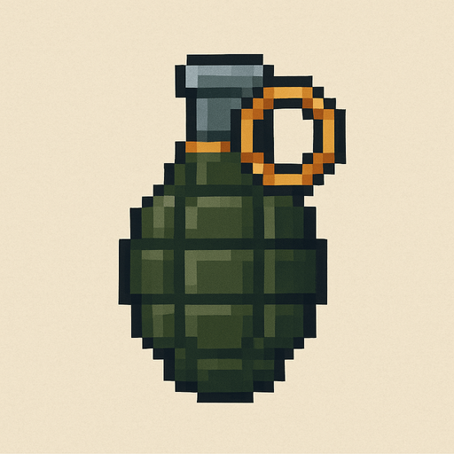 Uma Granada, pointing up. top down view. pixelart. vertical. Single Game Texture. In-Game asset. 2d. Blank background. High contrast. No shadows.
