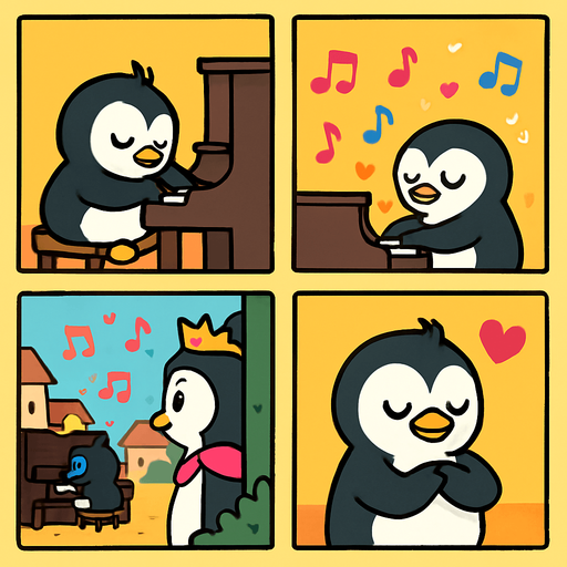 4-panel comic strip, no text, cute cartoon style, bright colors, black outlines.
Characters: Penguin Hero (small, determined) + Penguin Princess (elegant, crown) + Village Penguins
Central Theme: Music connects hearts, piano mastery wins love. Story: Hero finds his true musical voice and inner strength

Panel 1: Hero alone with piano, plays from his heart instead of trying to impress
Panel 2: Beautiful, unique music flows from him, notes shimmer with emotion
Panel 3: Princess secretly listens from distance, moved by his genuine music
Panel 4: Hero realizes music should come from the heart, not ego. 
In-Game asset.  2d.  High contrast.  No shadows