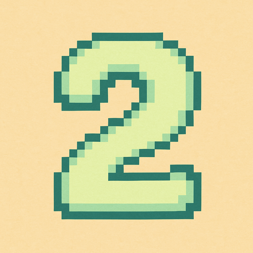 A pixel art number "2" designed for a cozy, cute retro 2D game UI with a bird theme. The number is rendered in soft pastel light green tones to harmonize with the gentle and sweet aesthetic of the game. It has a clean, simple, and rounded pixel style with no harsh edges, fitting perfectly within the pixel art UI style. The number is bold and easily readable at small sizes..
In-Game asset.  2d.  High contrast.  No shadows. pixel art. retro. 2d ui. number. pastel light green. simple. rounded edges. bold. cute. minimal