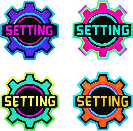 Setting buttons shapes as gears or cogs have text 'Setting'. HD colors. cyberpunk. Abstract. Different colors.
In-Game asset.  2d.  High contrast.  No shadows