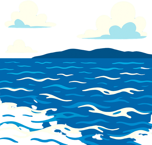 un mar con un fondo a lo lejos.
In-Game asset.  2d.  High contrast.  No shadows