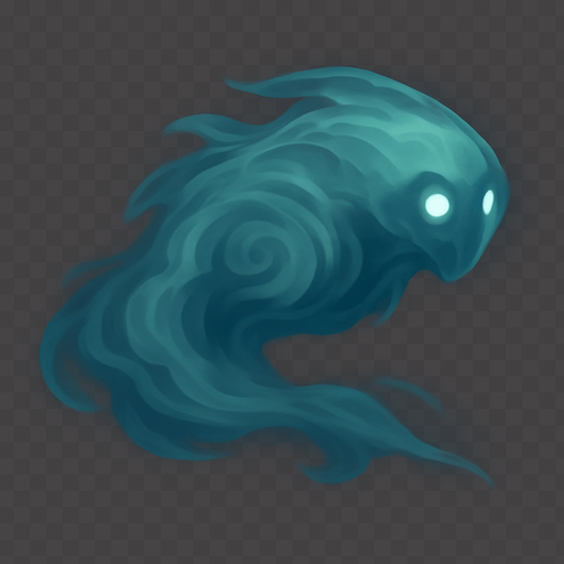 A single, isolated, highly detailed top-down isometric game asset of a Restless Spirit. It is an ethereal, translucent spectral figure, vaguely humanoid or beast-like, composed of swirling mist and faint light. Its form should be clearly defined but ghostly, with wispy edges. It can have two small, unblinking, glowing eyes or empty dark hollows for eyes (static). The spirit's body and implied 'head' should be clearly oriented towards the right side of the image, conveying its forward gliding motion. Style: Stylized, ghostly fantasy, semi-transparent, suitable for a Tower Defense game. Transparent background..
In-Game asset.  2d.  High contrast.  No shadows