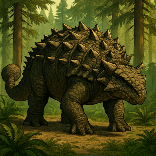 A large, heavily armored Ankylosaurus dinosaur standing in a prehistoric forest. Its body is covered with thick, bumpy, dark brown and olive-green armored plates and sharp spikes along its sides and back. The dinosaur has a broad, low head with small eyes and a short snout. Its massive tail ends with a large, club-like bony knob, ready to swing. The scene is lit by soft sunlight filtering through dense ancient conifers, with ferns and cycads on the ground. The texture of the skin is rough and scaly, showing detailed scales and scars from past battles. The overall style is realistic with natural colors and detailed textures, emphasizing the dinosaur’s power and defense..
In-Game asset.  2d.  High contrast.  No shadows