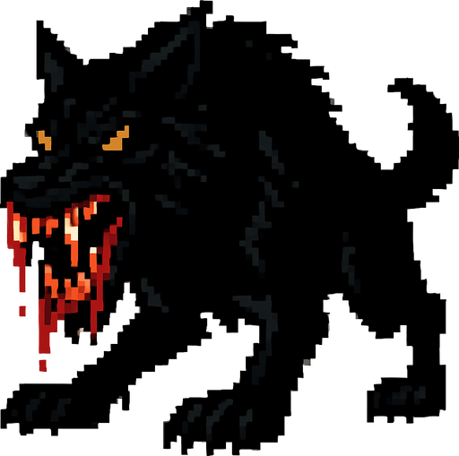 a large black beast with fangs sharpened with blood pixel art style.
In-Game asset.  High contrast.  No shadows