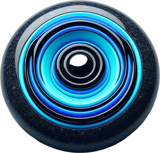 Black curlingstone with neonblue top, top view.