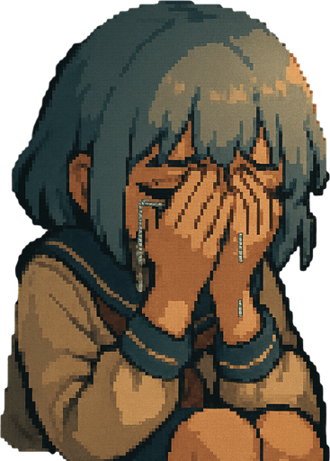 Yui is a cute 15-year-old anime girl with big black eyes and short, soft blue-gray hair (HEX: #b0b9d8). She wears a traditional Japanese school uniform called a sailor fuku. In this Pixel Art scene, Yui is clearly devastated—she’s hunched over in a slouched, defeated posture, crying intensely. Many visible tears stream down her cheeks, slipping past her fingers as she covers her face with both hands. Her entire body language screams sadness; it’s raw, heavy, and impossible to ignore. She’s inside a school locker, and although she’s looking outward through the metal grate, her face is mostly hidden behind her trembling hands. The entire scene is viewed from inside the locker, with soft light coming through the vents, casting delicate shadows across her curled-up figure and highlighting the depth of her heartbreak. The atmosphere is heavy, emotional, and quietly heartbreaking—yet still family-friendly in tone.