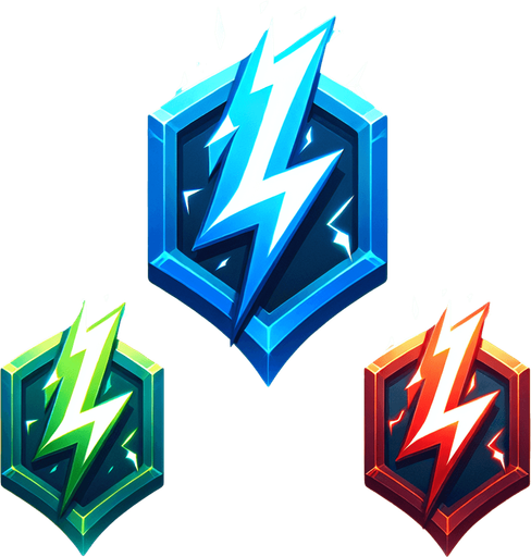 A glowing, floating power-up icon shaped like a lightning bolt, rotating in mid-air. Colors include blue, green, and red variants.".
Single Game Texture.  In-Game asset.  2d.  Blank background.  High contrast.  No shadows